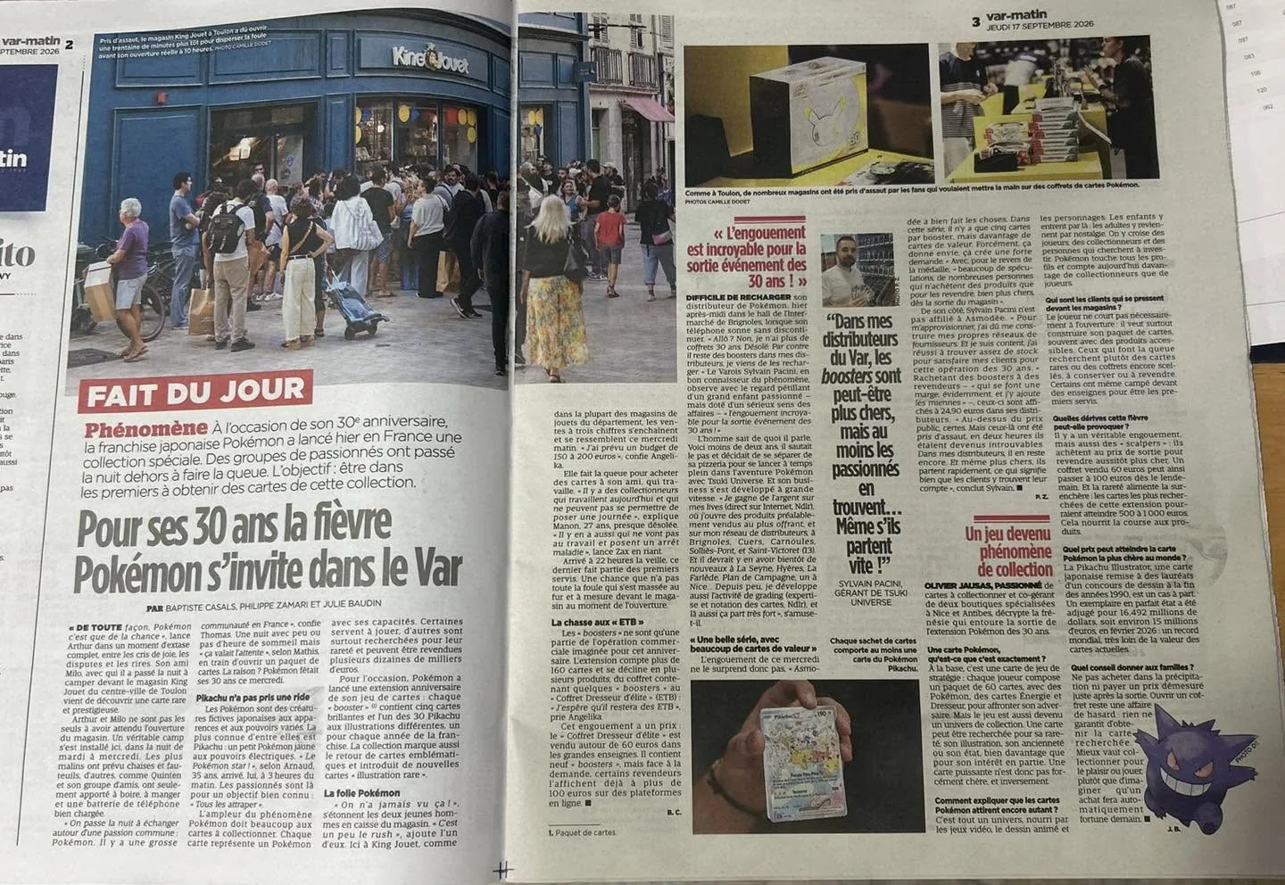 Double page Var-Matin du 17 septembre 2026 consacrée aux 30 ans de Pokémon dans le Var