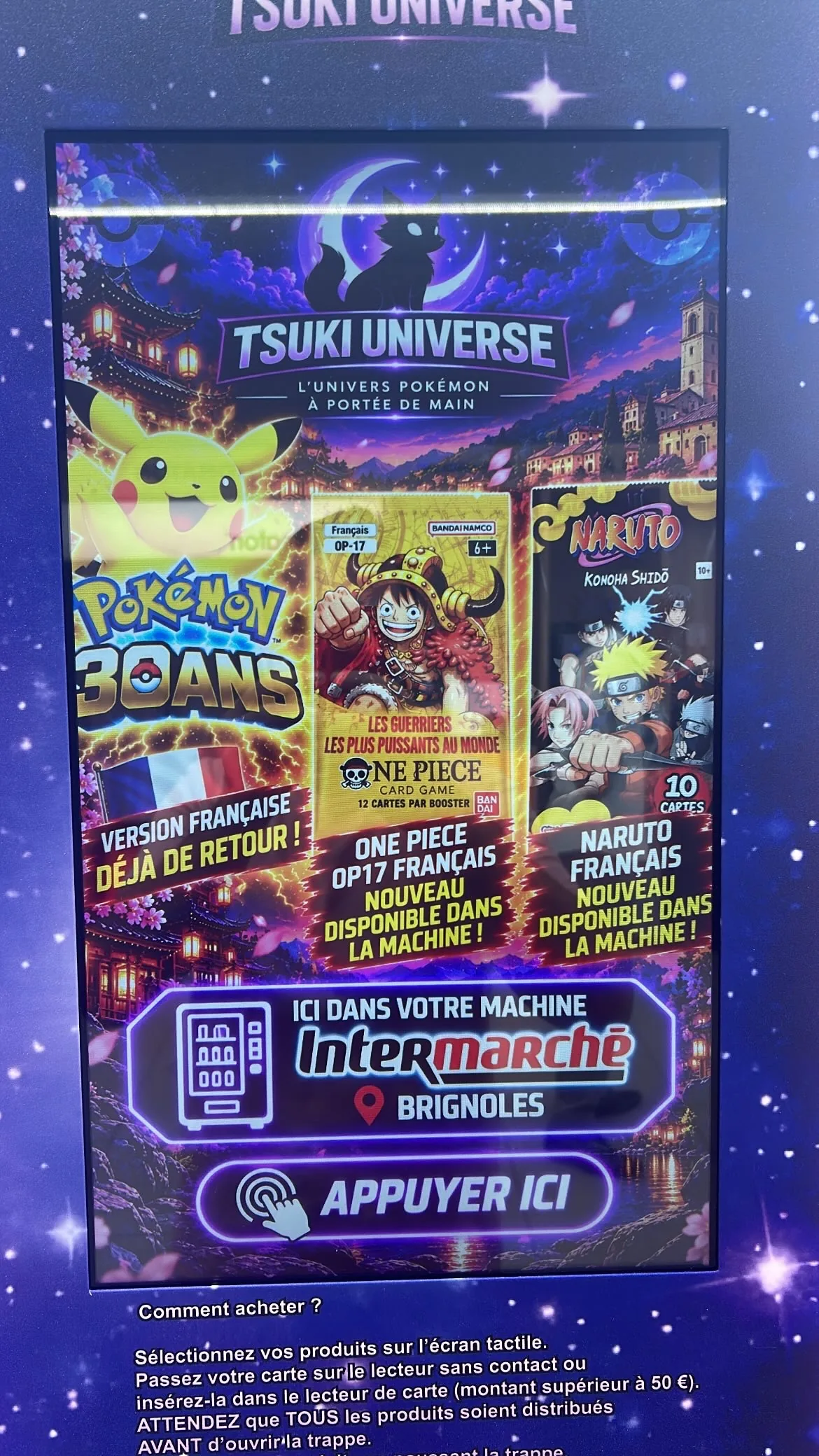 Écran de la machine Tsuki Universe de Brignoles présentant les nouveautés du 30 septembre 2026