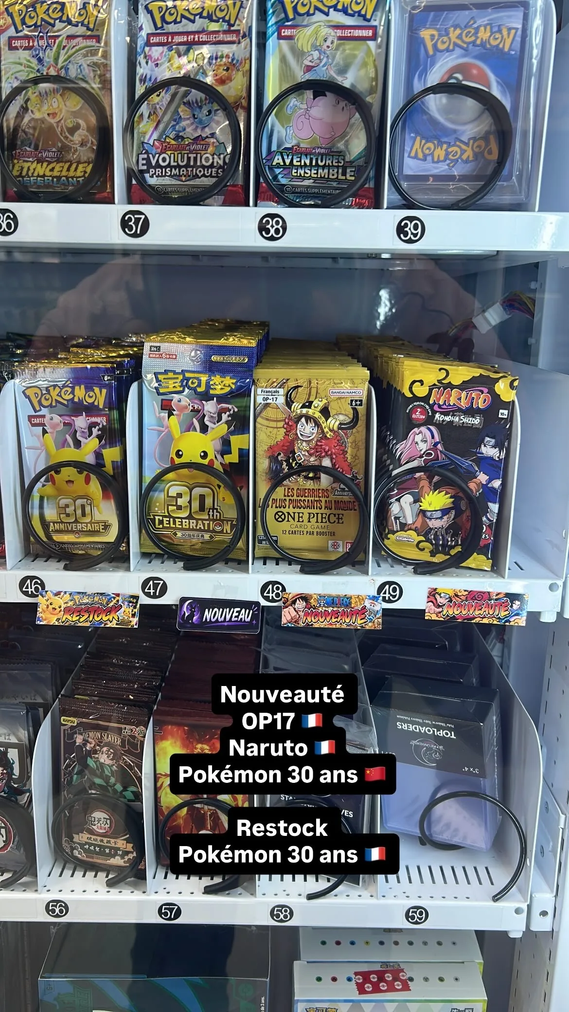 Pokémon 30 ans français, One Piece OP-17 français et Naruto français dans la machine de Brignoles